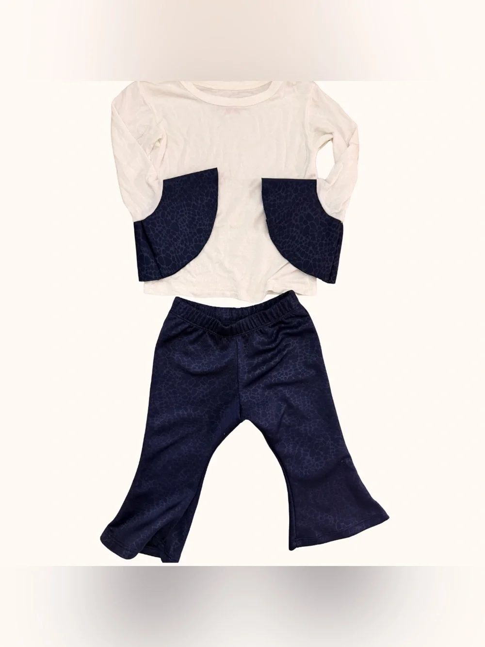 Girls Navy and Cream Matching Set - Long Sleeve Top & Flare Pants
